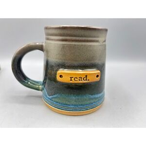 MudLOVE Read Pottery Mug Handcrafted Stoneware Blue Grey Tan‎ Book Lover Gift
